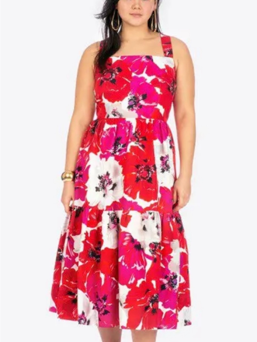 Tanya Taylor Red & Pink Floral Tiered Midi Sundress